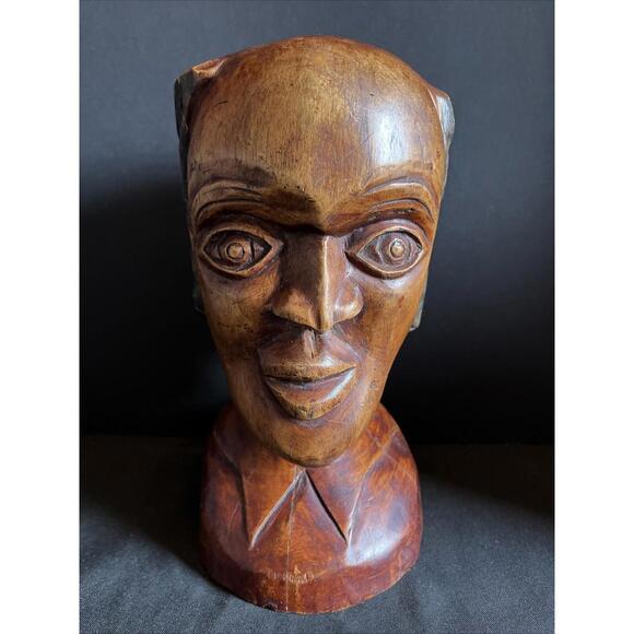 10.75 in Vintage Authentic Hand Carved Wood AFRICAN Male Tribal Bust NICE!